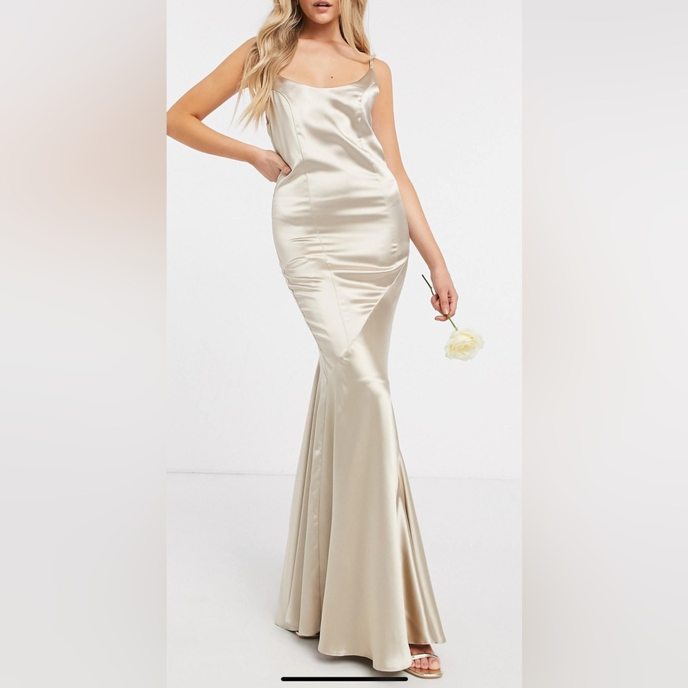 Bridesmaid satin scoop panel skirt button back cream long dress gown sz 10 NWNT